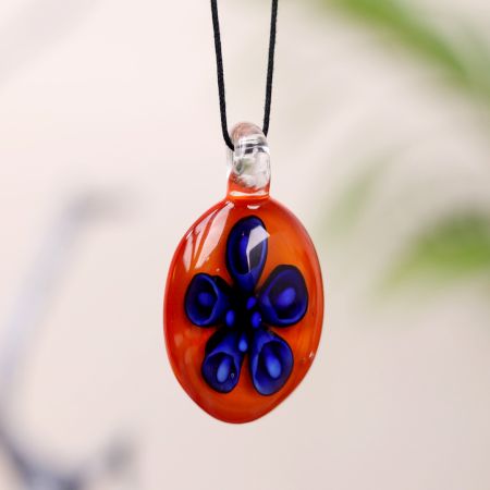 Flower Engraved Orange Lampwork Glass Pendant for Jewellry Making - 1 Piece